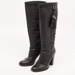 Pre Owned Gucci Black Leather Bamboo Tassel Knee Length Boots Size 39