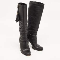 Pre Owned Gucci Black Leather Bamboo Tassel Knee Length Boots Size 39