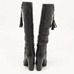 Pre Owned Gucci Black Leather Bamboo Tassel Knee Length Boots Size 39