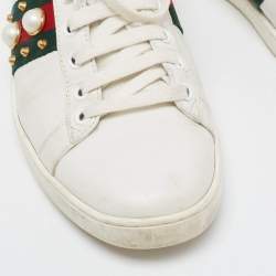 Gucci White Leather Faux Pearl and Spike Embellished Ace Sneakers Size 38.5