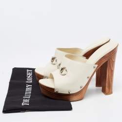 Gucci Off White Leather Horsebit Wooden Clogs Size 40