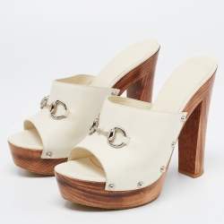Gucci Off White Leather Horsebit Wooden Clogs Size 40