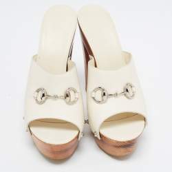 Gucci Off White Leather Horsebit Wooden Clogs Size 40