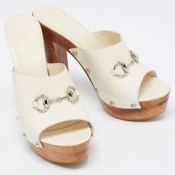 Gucci Off White Leather Horsebit Wooden Clogs Size 40