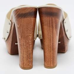 Gucci Off White Leather Horsebit Wooden Clogs Size 40