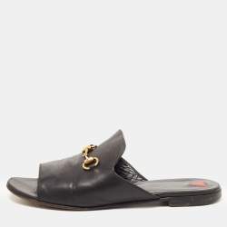 Gucci Black Leather Horsebit Flat Slides Size 38