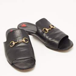 Gucci Black Leather Horsebit Flat Slides Size 38