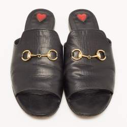 Gucci Black Leather Horsebit Flat Slides Size 38