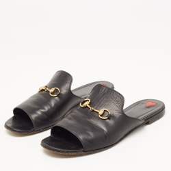 Gucci Black Leather Horsebit Flat Slides Size 38