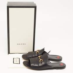 Gucci Black Leather Horsebit Flat Slides Size 38