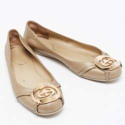 Pre Owned Gucci Metallic Leather Interlocking G Buckle Ballet Flats Size 37.5