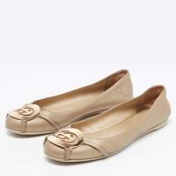 Pre Owned Gucci Metallic Leather Interlocking G Buckle Ballet Flats Size 37.5