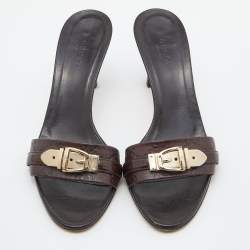 Gucci Brown Guccissima Leather Buckle Detail Slide Sandals Size 37