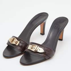 Gucci Brown Guccissima Leather Buckle Detail Slide Sandals Size 37