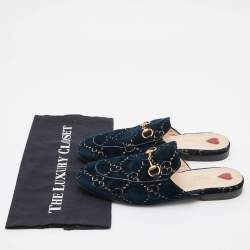 Gucci Blue/Gold GG Velvet Princetown Flat Mules Size 38