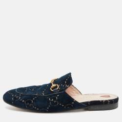 Gucci Blue/Gold GG Velvet Princetown Flat Mules Size 38