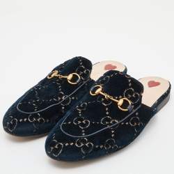 Gucci Blue/Gold GG Velvet Princetown Flat Mules Size 38
