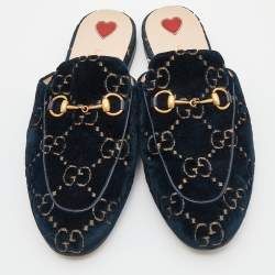 Gucci Blue/Gold GG Velvet Princetown Flat Mules Size 38