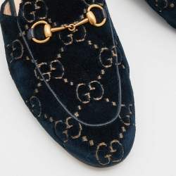 Gucci Blue/Gold GG Velvet Princetown Flat Mules Size 38