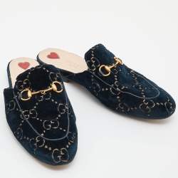 Gucci Blue/Gold GG Velvet Princetown Flat Mules Size 38
