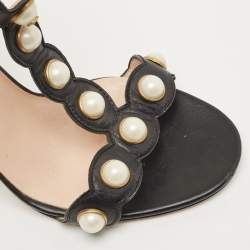 Gucci Black Leather Faux Pearl Willow T-Strap Sandals Size 39