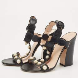 Gucci Black Leather Faux Pearl Willow T-Strap Sandals Size 39