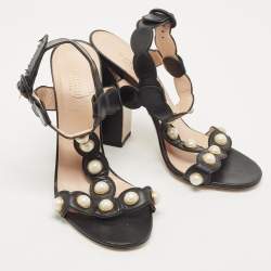 Gucci Black Leather Faux Pearl Willow T-Strap Sandals Size 39