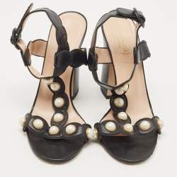 Gucci Black Leather Faux Pearl Willow T-Strap Sandals Size 39