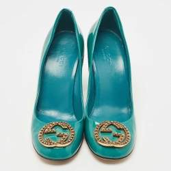 Gucci Green Patent Leather Studded Interlocking G Pumps Size 36