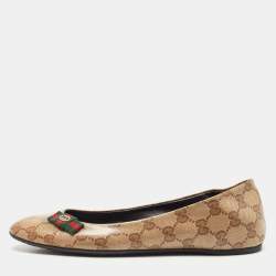 Pre Owned Gucci Beige GG Canvas Round Toe Ballet Flats Size 37.5