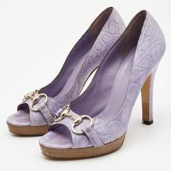 Gucci Light Purple Crocodile Leathe Open Toe Horsebit Pumps Size 39