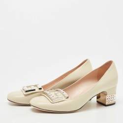 Pre Owned Gucci Cream Leather Crystal G Pumps Size 36
