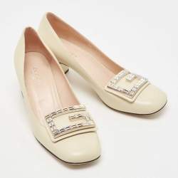 Pre Owned Gucci Cream Leather Crystal G Pumps Size 36