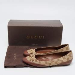 Pre Owned Gucci Brown/Beige GG Canvas and Leather Horsebit Ballet Flats Size 38