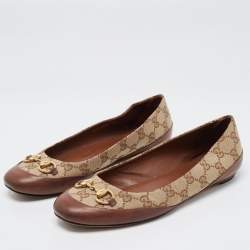 Pre Owned Gucci Brown/Beige GG Canvas and Leather Horsebit Ballet Flats Size 38