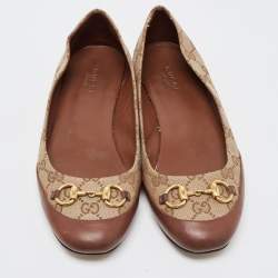 Pre Owned Gucci Brown/Beige GG Canvas and Leather Horsebit Ballet Flats Size 38