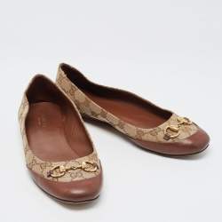 Pre Owned Gucci Brown/Beige GG Canvas and Leather Horsebit Ballet Flats Size 38
