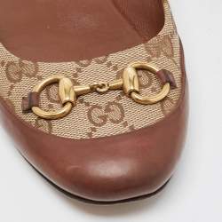 Pre Owned Gucci Brown/Beige GG Canvas and Leather Horsebit Ballet Flats Size 38