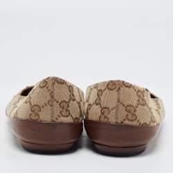 Pre Owned Gucci Brown/Beige GG Canvas and Leather Horsebit Ballet Flats Size 38