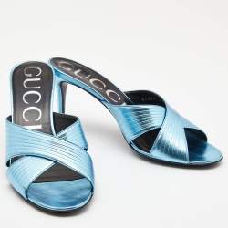 Gucci Metallic Leather Criss Cross Slide Sandals Size 38