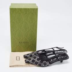 Pre Owned Gucci  Black Mesh And Suede GG Logo Accents Slingback Pumps Size 39