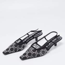 Pre Owned Gucci  Black Mesh And Suede GG Logo Accents Slingback Pumps Size 39