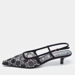 Pre Owned Gucci  Black Mesh And Suede GG Logo Accents Slingback Pumps Size 39