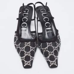 Pre Owned Gucci  Black Mesh And Suede GG Logo Accents Slingback Pumps Size 39