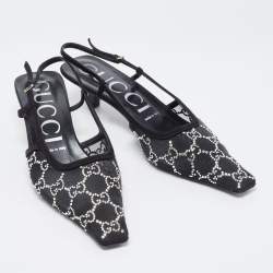 Pre Owned Gucci  Black Mesh And Suede GG Logo Accents Slingback Pumps Size 39
