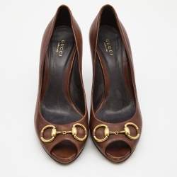 Pre Owned Gucci Brown Leather Hollywood Peep Toe Pumps Size 39
