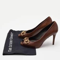 Pre Owned Gucci Brown Leather Hollywood Peep Toe Pumps Size 39