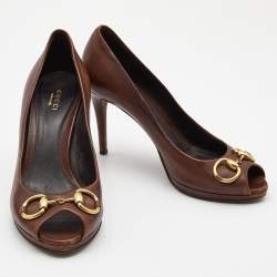 Pre Owned Gucci Brown Leather Hollywood Peep Toe Pumps Size 39