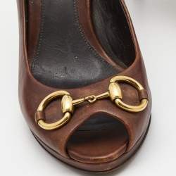 Pre Owned Gucci Brown Leather Hollywood Peep Toe Pumps Size 39
