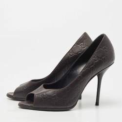 Gucci Brown Leather Guccissima Peep Toe Pumps Size 37.5